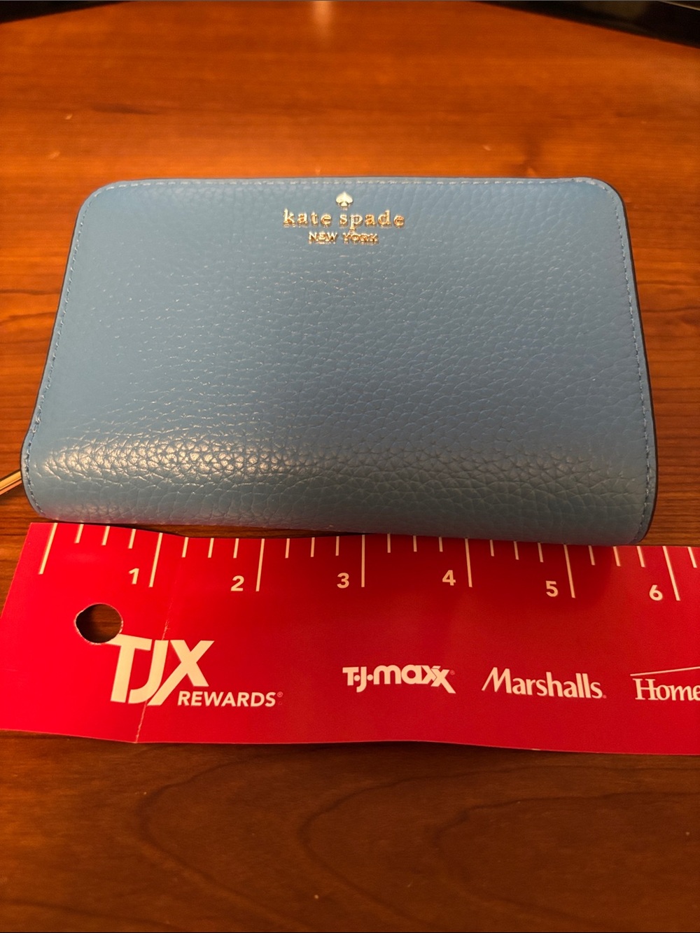 kate spade blue pebbled leather zip-around wallet with gold logo - Picture 6 of 7